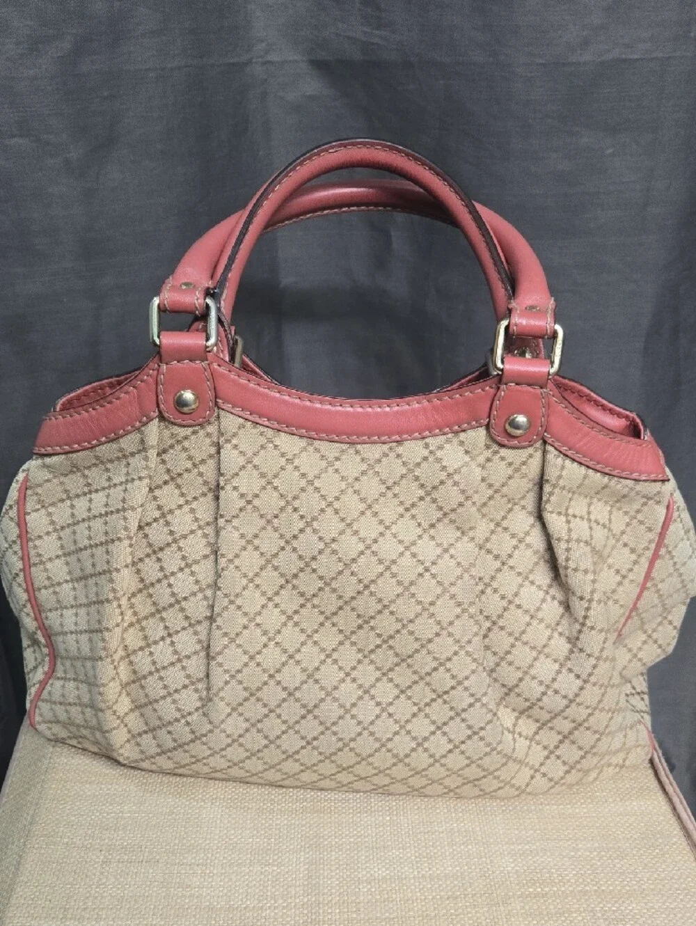 Gucci Sukey Beige Canvas Shoulder Bag with Rose Leather Trim EUC